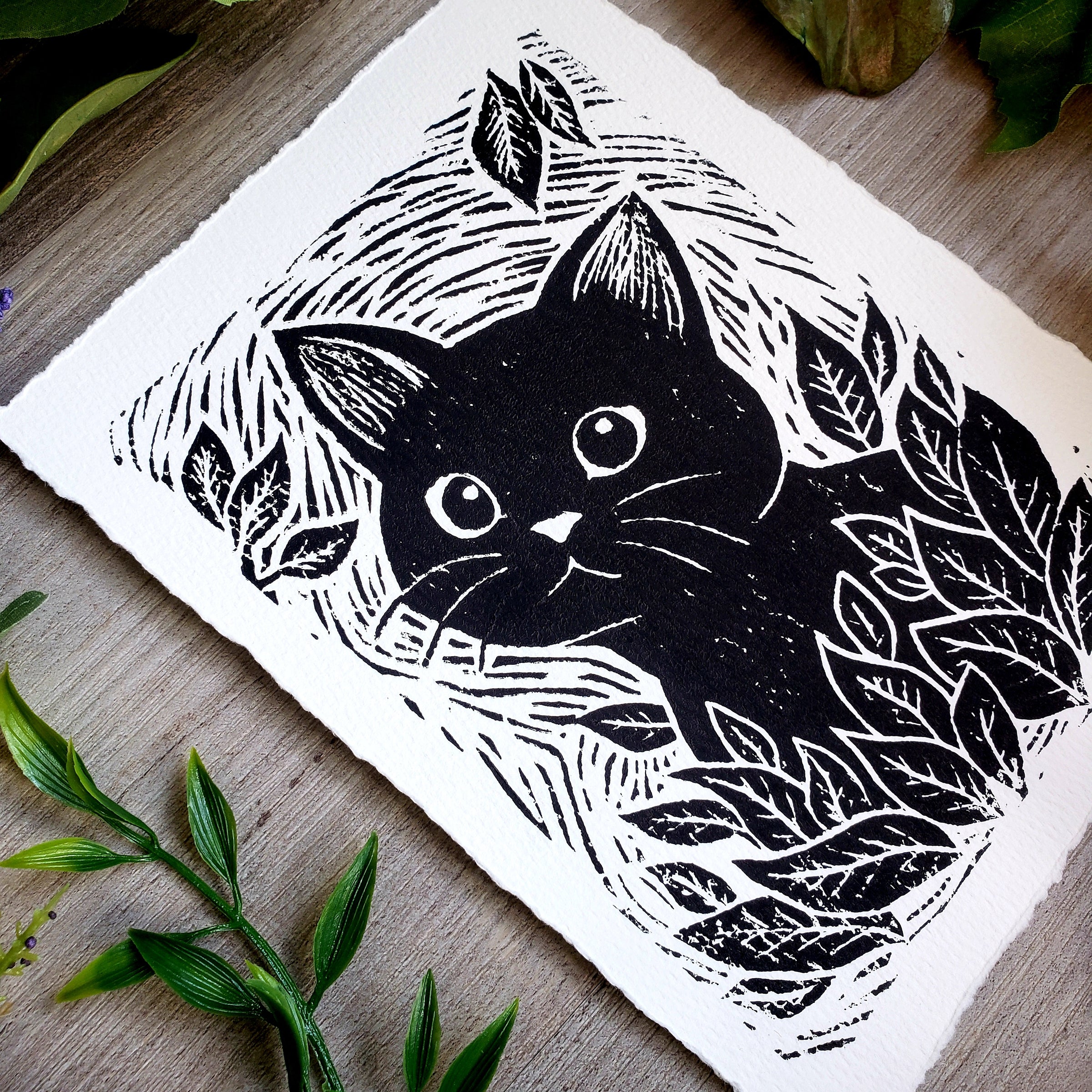 Cat in the Garden- original ink linocut print