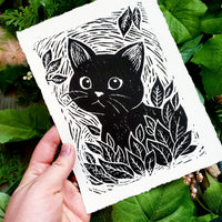 Cat in the Garden- original ink linocut print