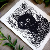 Cat in the Garden- original ink linocut print