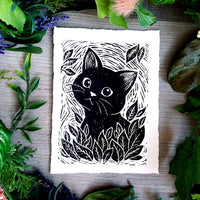 Cat in the Garden- original ink linocut print